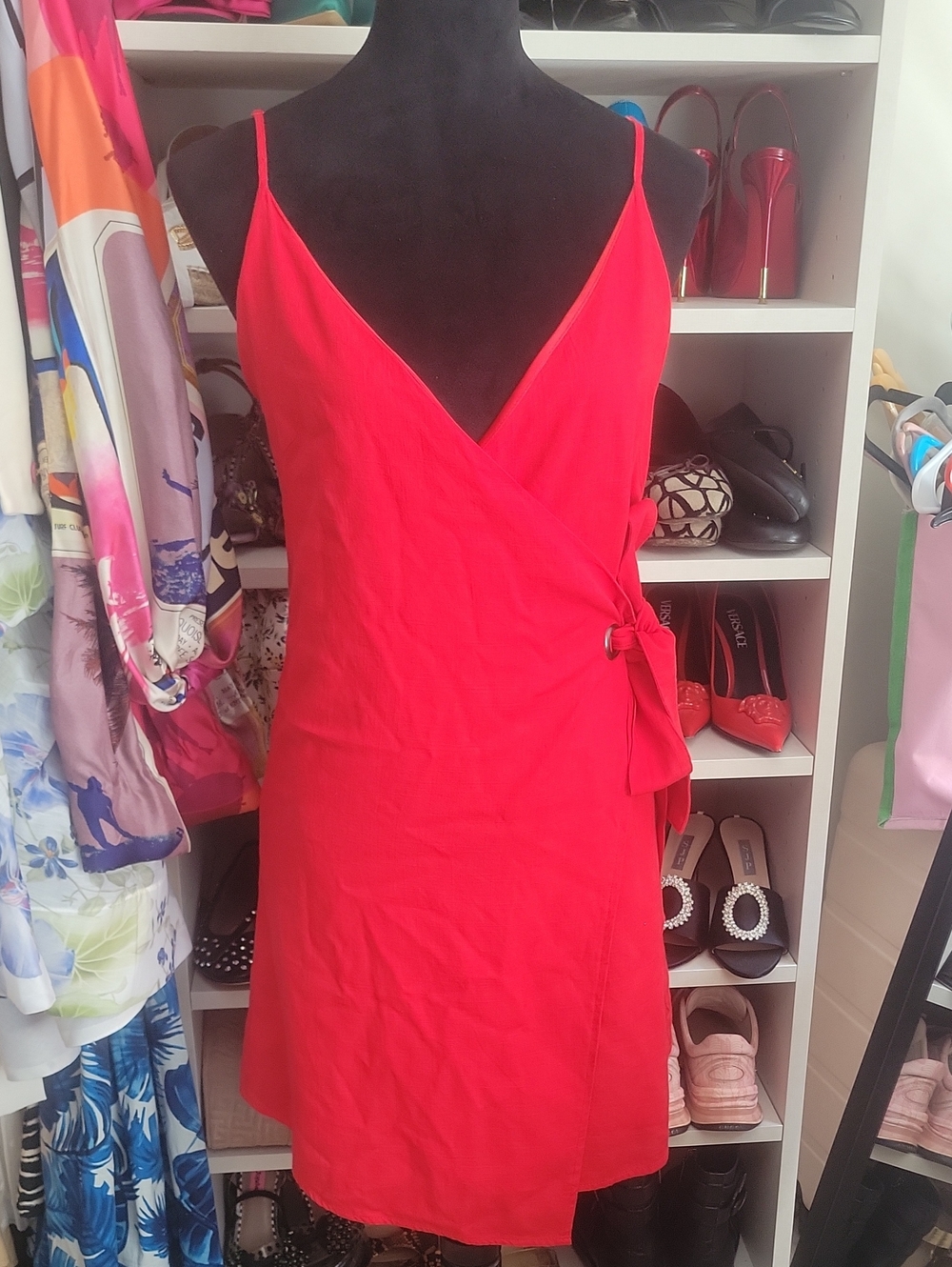 THML Red Wrap Mini Dress with Side Tie 55% Linen ♥️